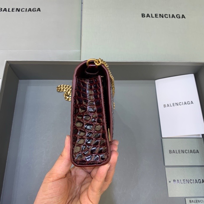 Balenciaga Small Hourglass Wallet With Chain Crocodile Embossed Shoulder Bag Claret